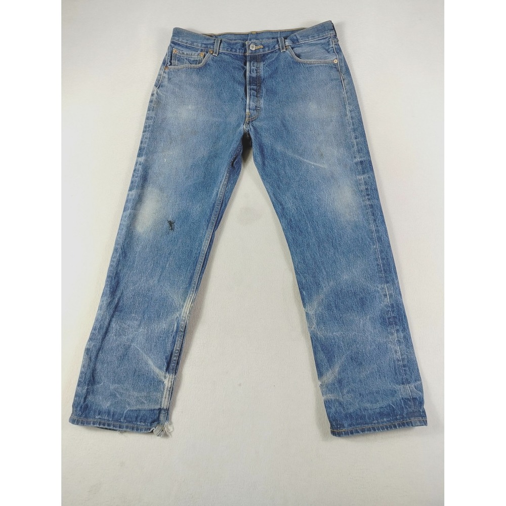 Levis 501 Jeans Mens 38 Blue Denim Medium Wash Straight Leg Distressed Raw Hem